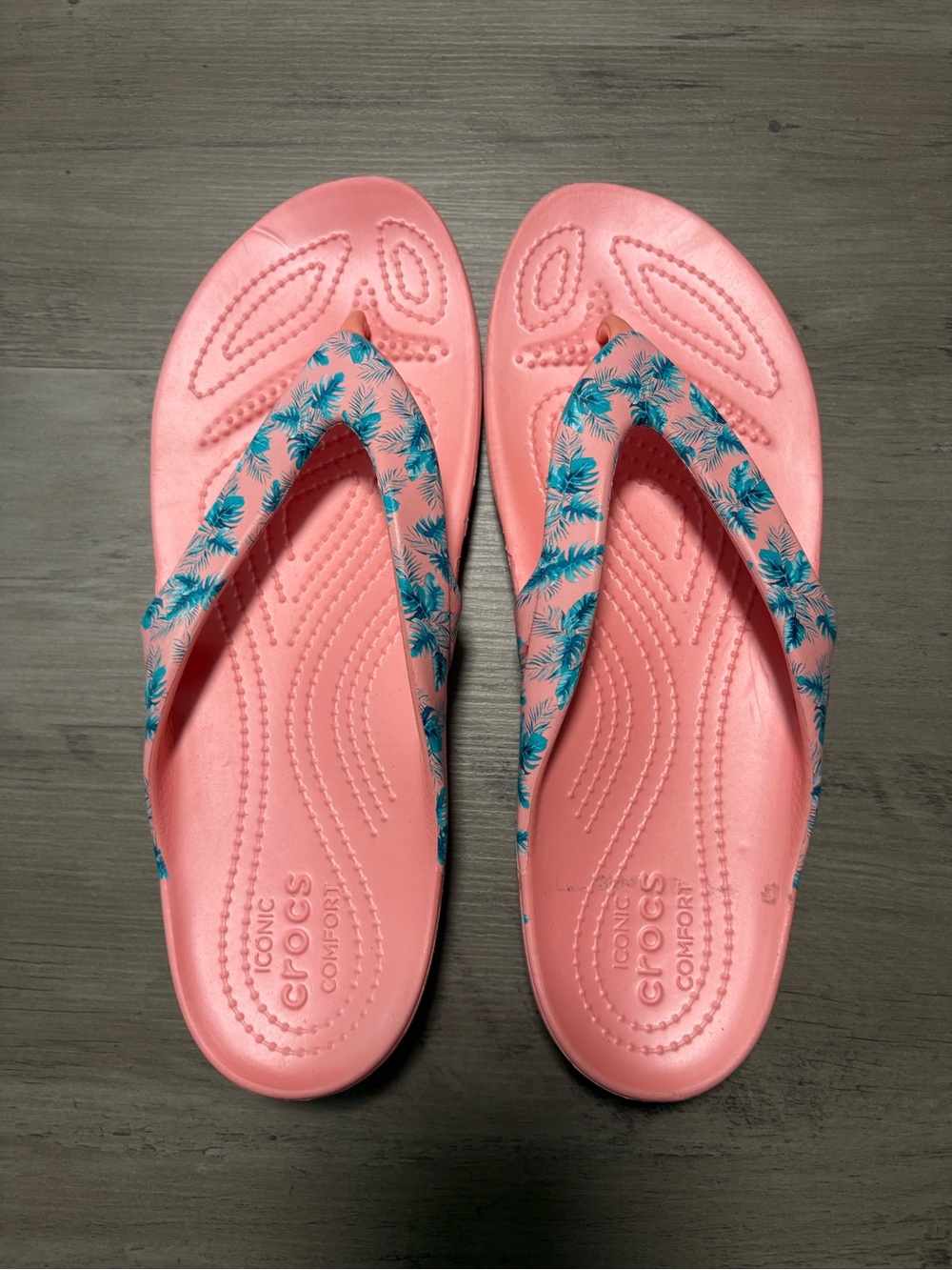 CROCS Women’s Pink Flip Flop Sandals with Blue Floral Straps